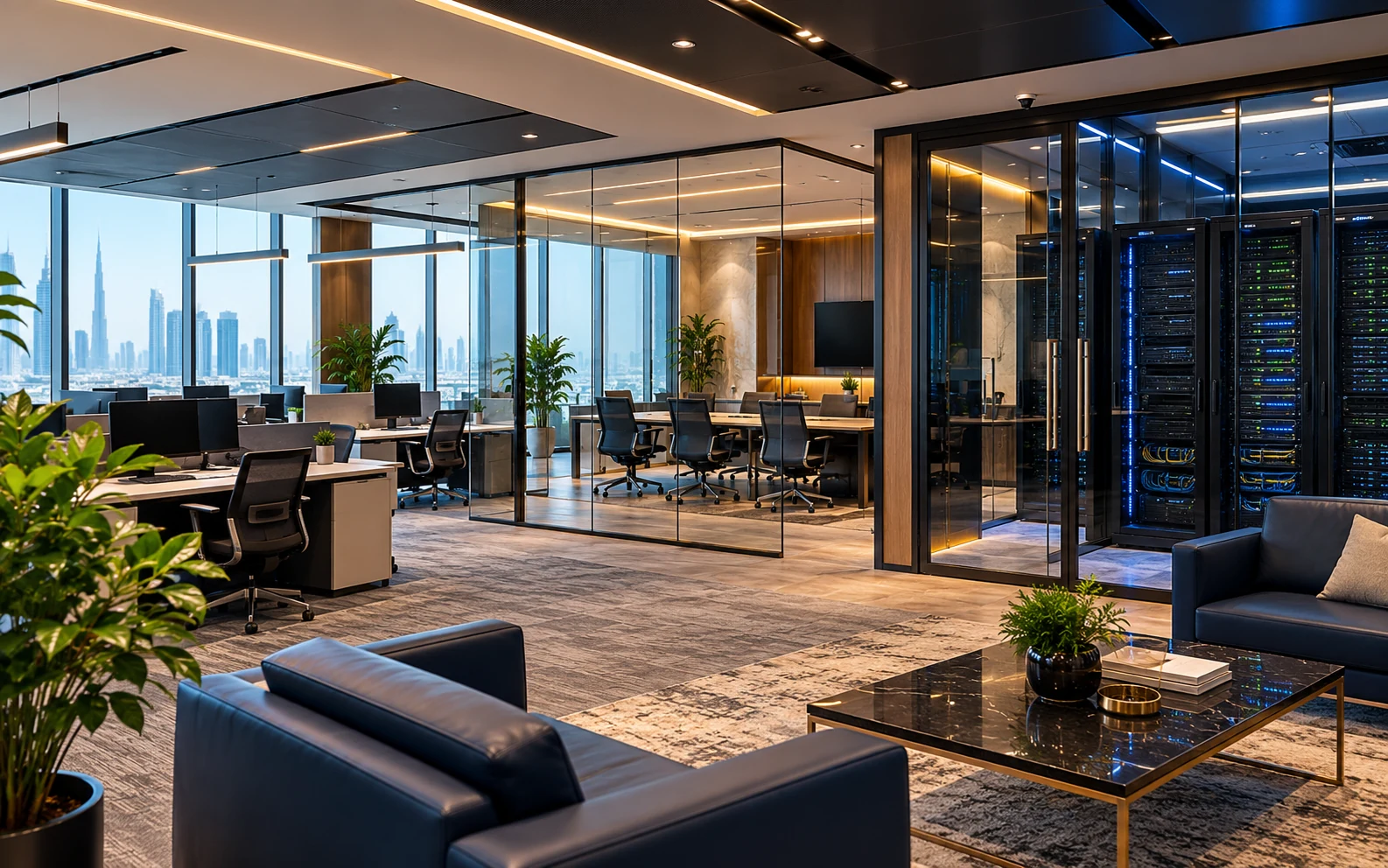 Concept visualization of a modern Dubai office with workstations, meeting space and server infrastructure